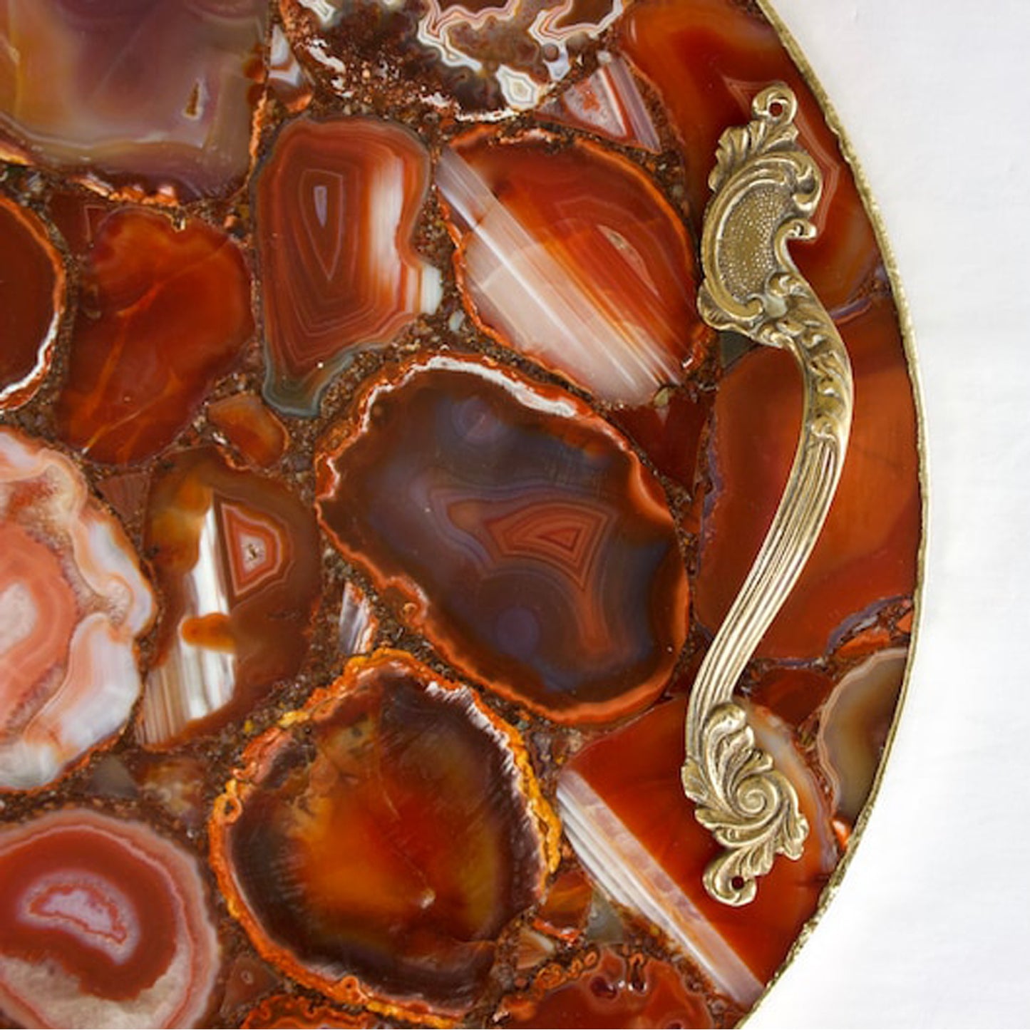 Red Agate Serving Tray With Brass Handles | Circular
