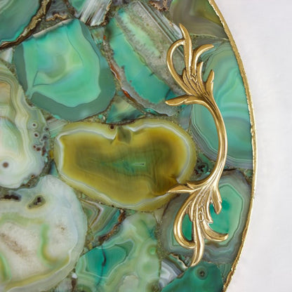 Green Agate Serving Tray With Brass Handles | Circular