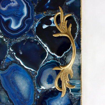 Blue Agate Square Serving Tray With Brass Handles | Square