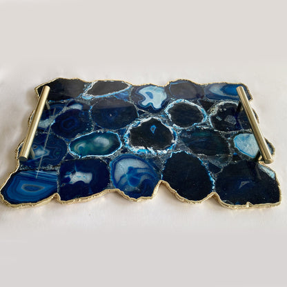 Large Blue Agate Serving Tray With Plain Modern Brass Handles/Personalised Momentos/Sign Boards 10"x15"