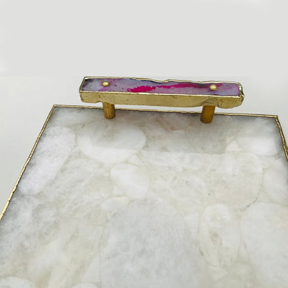 White Crystal Agate Plated Serving Tray With Pink Agate/Onyx Handles/Personalised Momentos/Sign Boards
