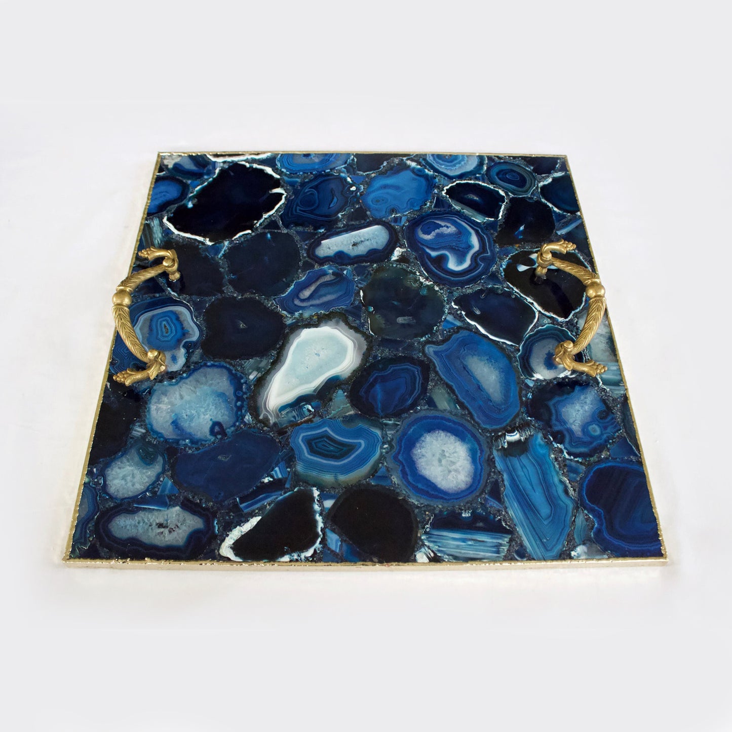 Blue Agate Serving Tray With Brass Handles | Square