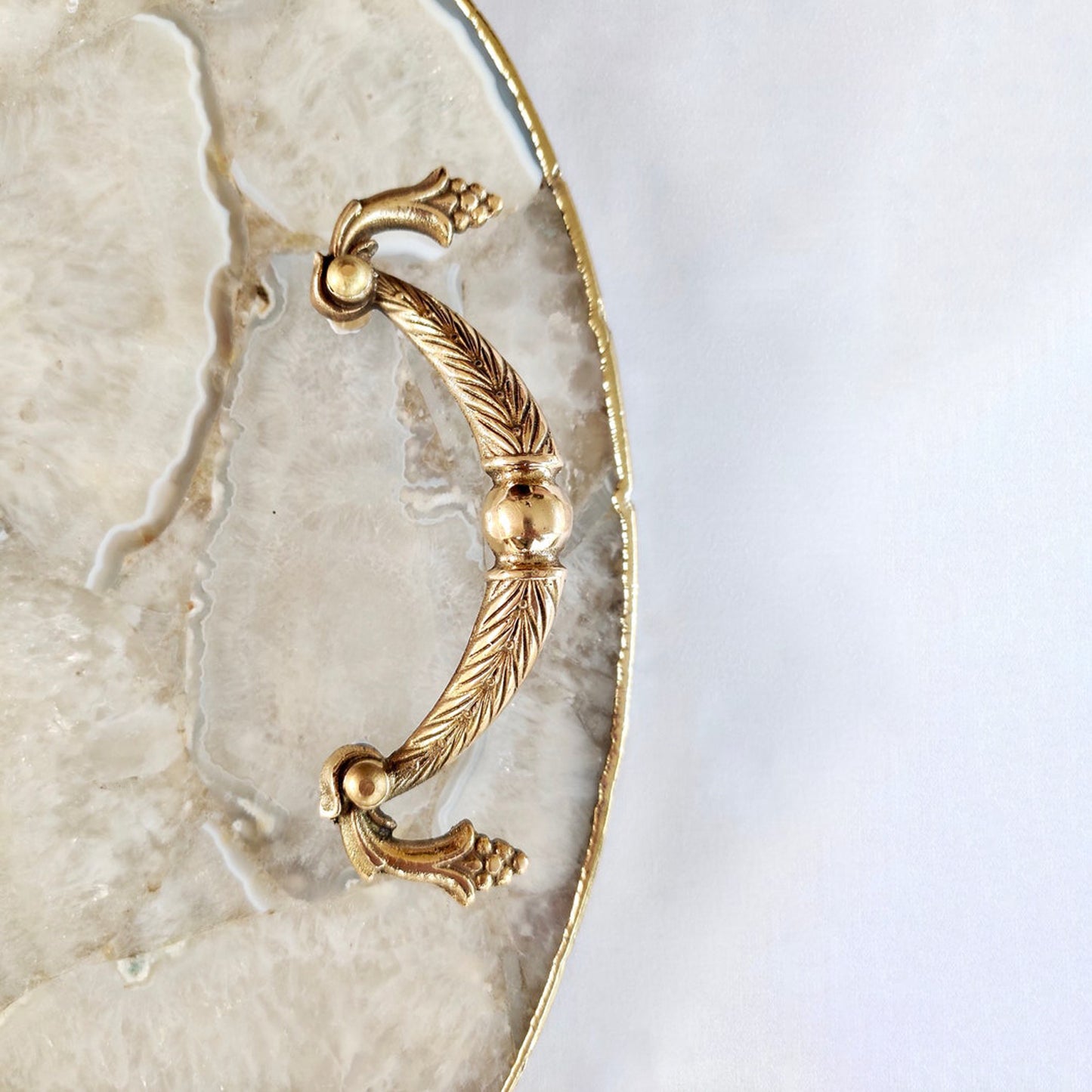 White Agate Serving Tray With Brass Handles | Circular |