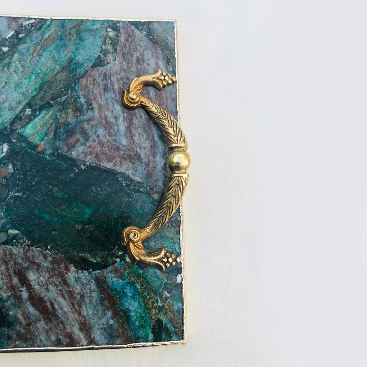 Green Aventurine Agate Serving Tray With Brass Handles