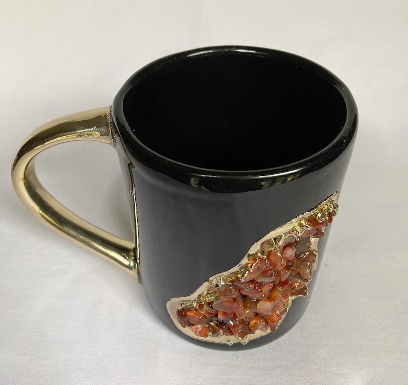 Set of 2 |Black and Gold Ceramic Big Coffee/Tea/Juice/Beverage Mug with Red Semi-precious Agate Crystal | 12 oz/355 ml