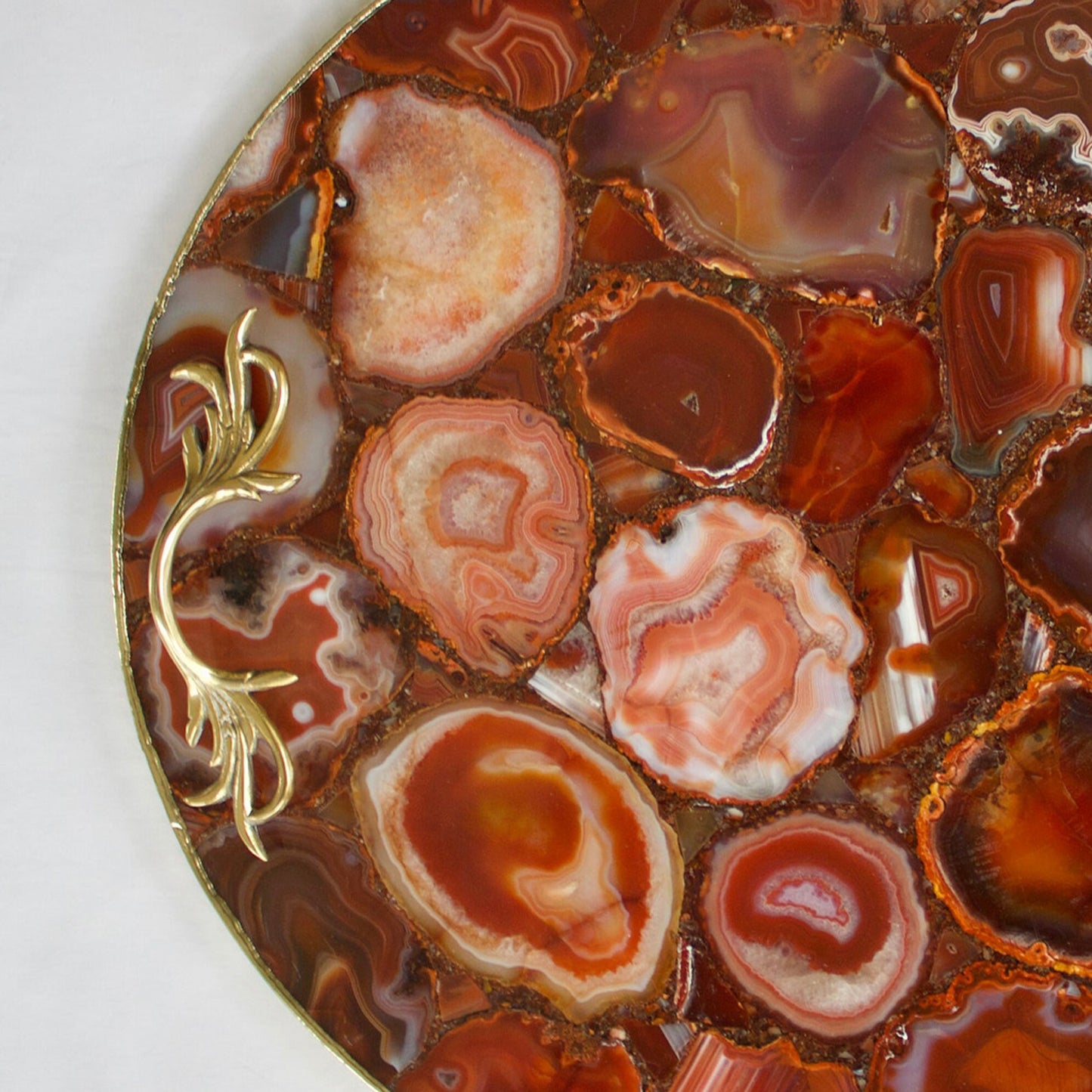 Red Agate Serving Tray With Brass Handles | Circular