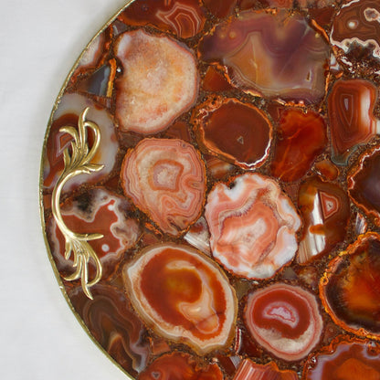 Red Agate Serving Tray With Brass Handles | Circular