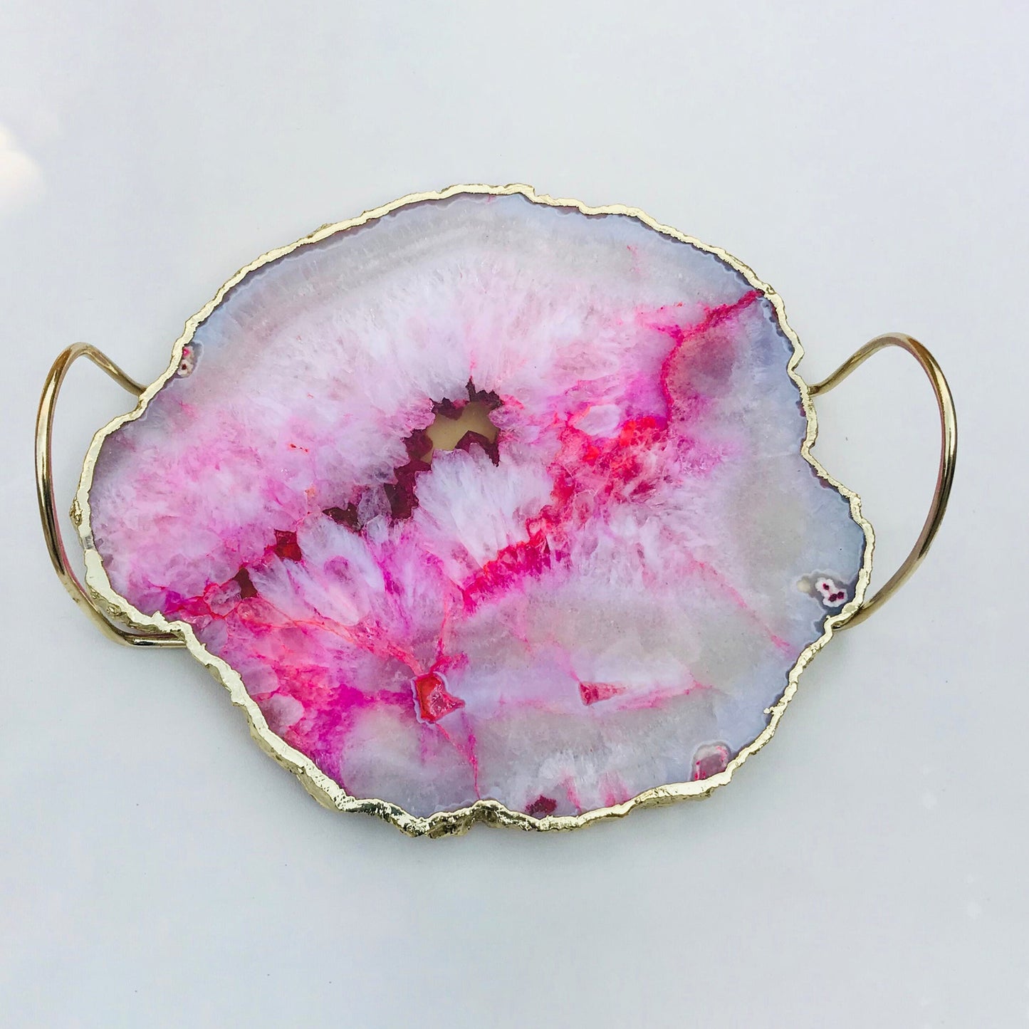 Pink Agate Serving Tray With Brass Loop Handles
