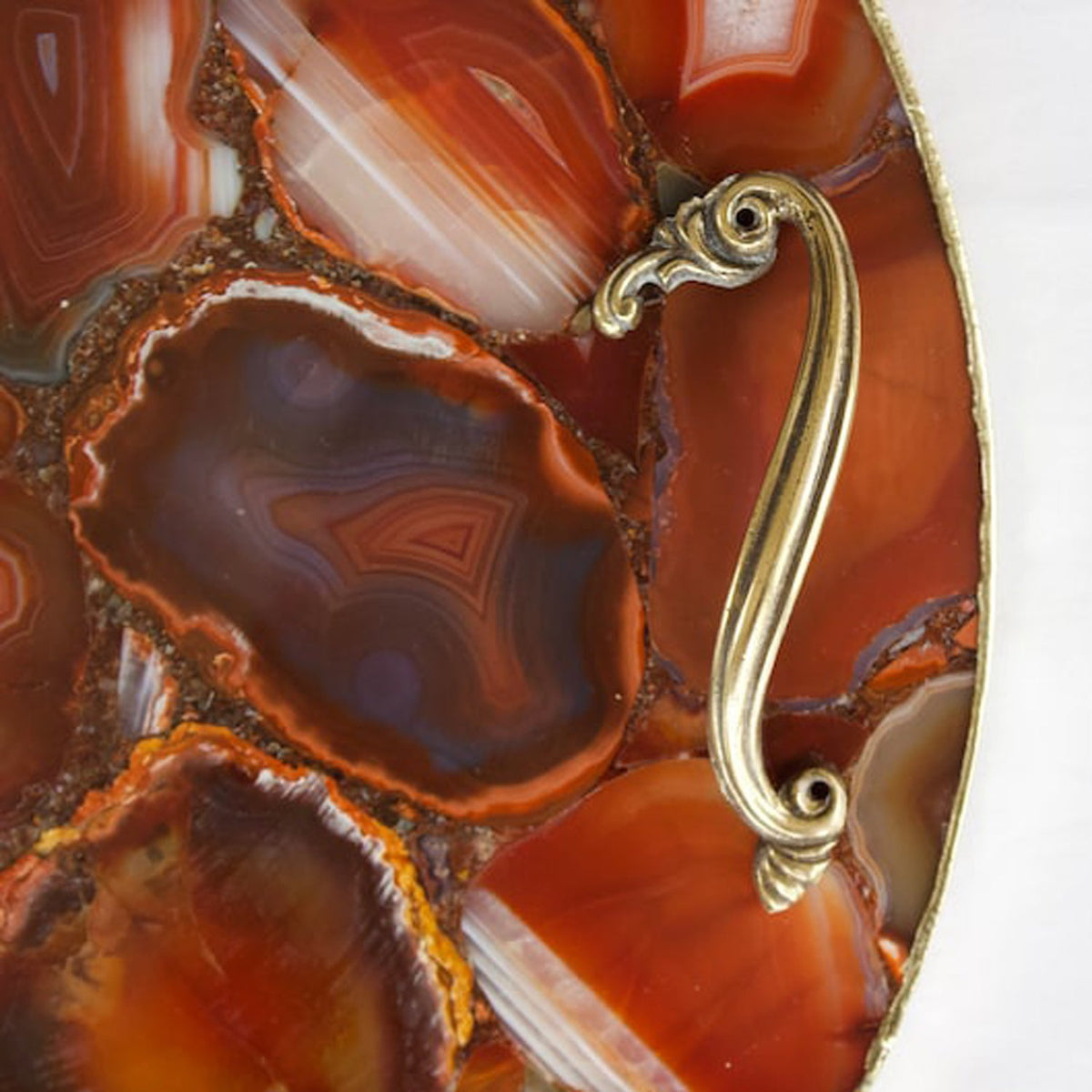 Sixteen inch round agate tray with a metal rim