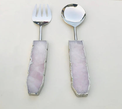Rose quartz agate salad set, spoon and fork in stainless steel