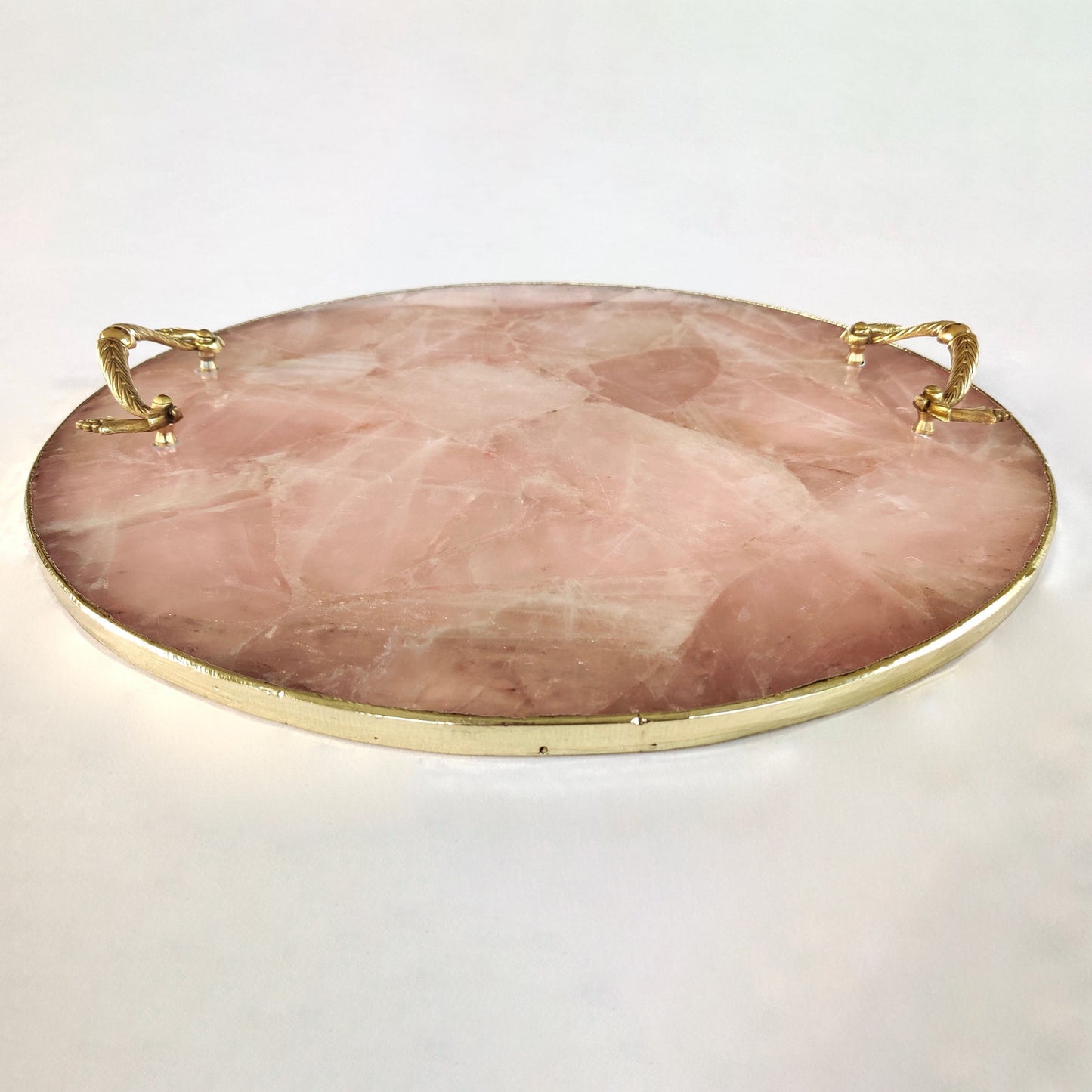 Rose Quartz Agate | Serving Tray With Brass Handles | Circular |