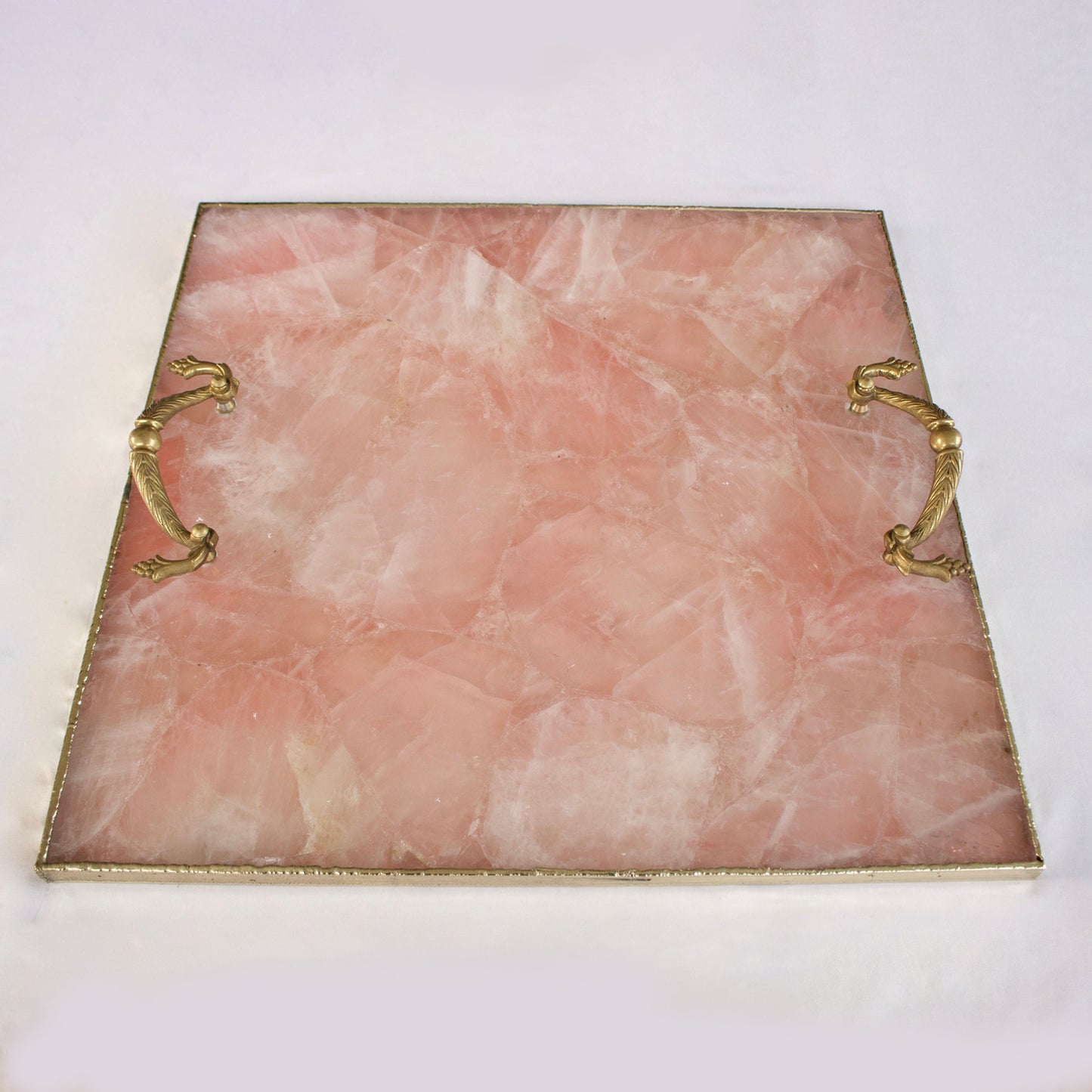 Rose Quartz Agate Serving Tray With Brass Handles | Square