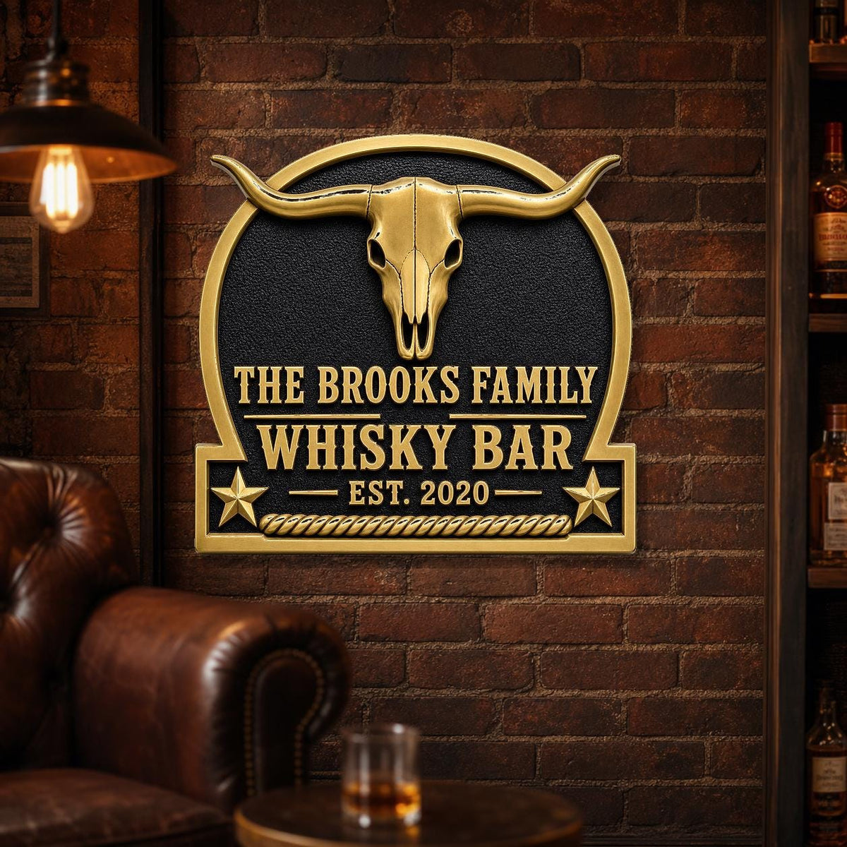 Personalised Longhorn Whisky Bar Plaque | Custom Western Ranch Sign | Handcrafted Brass Wall Decor