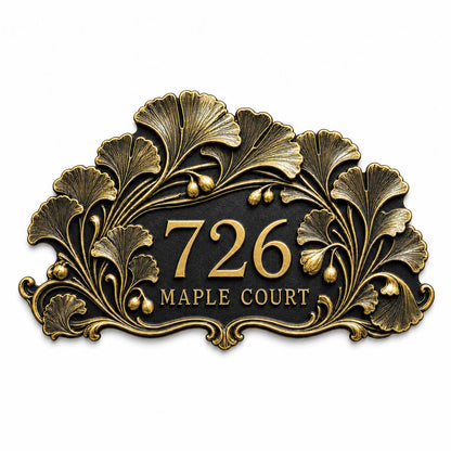 Design Your Own Custom House Number Plaque | Personalized Antique Brass Ginkgo Leaves Address Sign