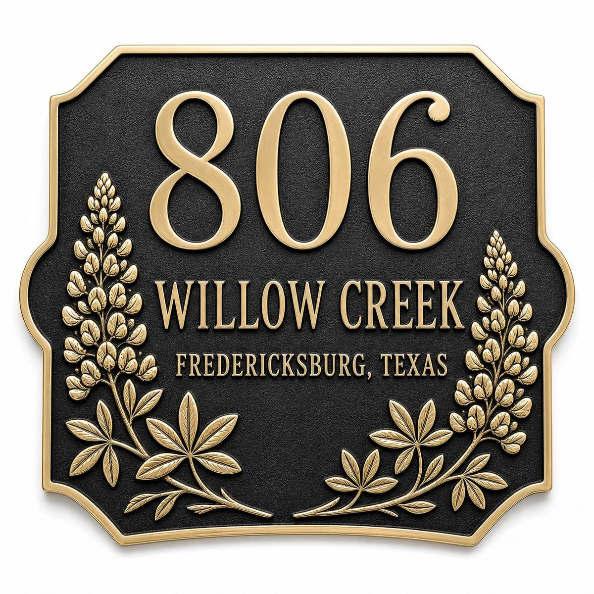 Personalised Lupine Flower Address Plaque | Custom Antique Brass House Number | Outdoor Wall Decor