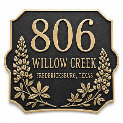 Personalised Lupine Flower Address Plaque | Custom Antique Brass House Number | Outdoor Wall Decor