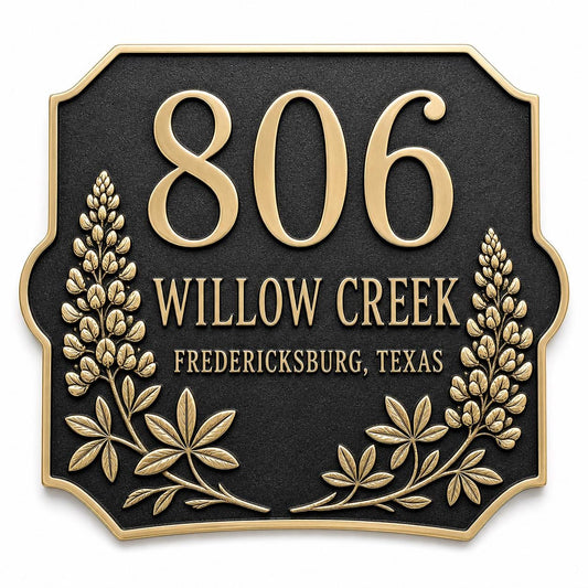 Personalised Lupine Flower Address Plaque | Custom Antique Brass House Number | Outdoor Wall Decor