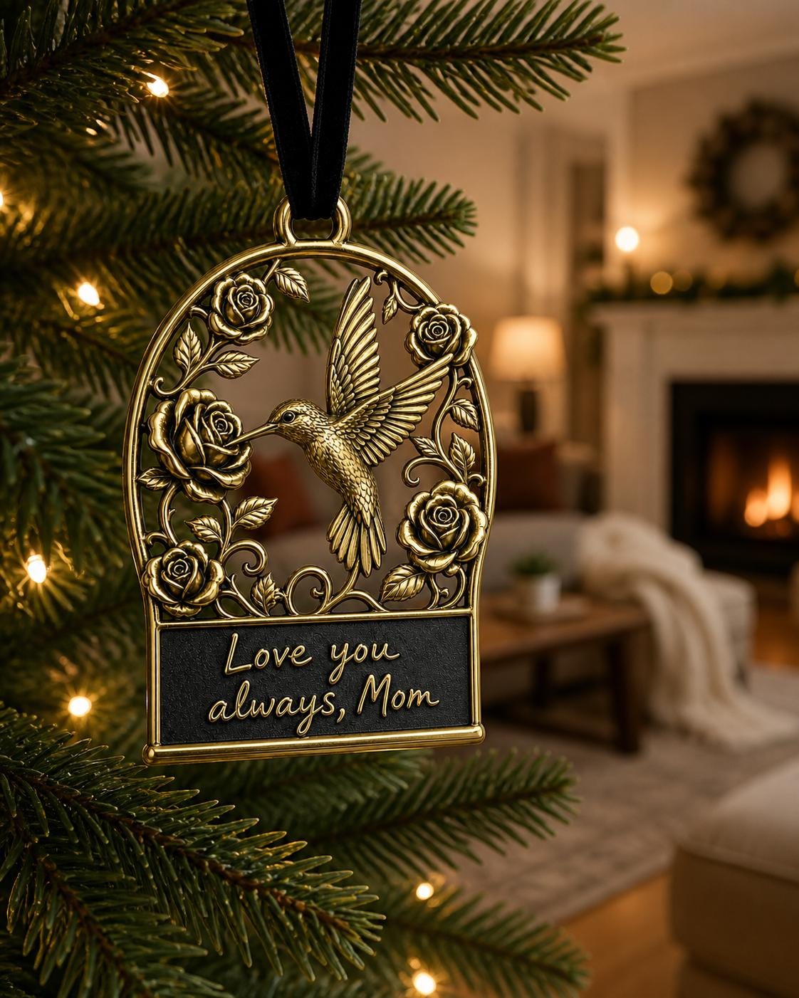 Large Personalized Memorial Ornament | Hummingbird Rose Keepsake | Copper & Brass Christmas Decor