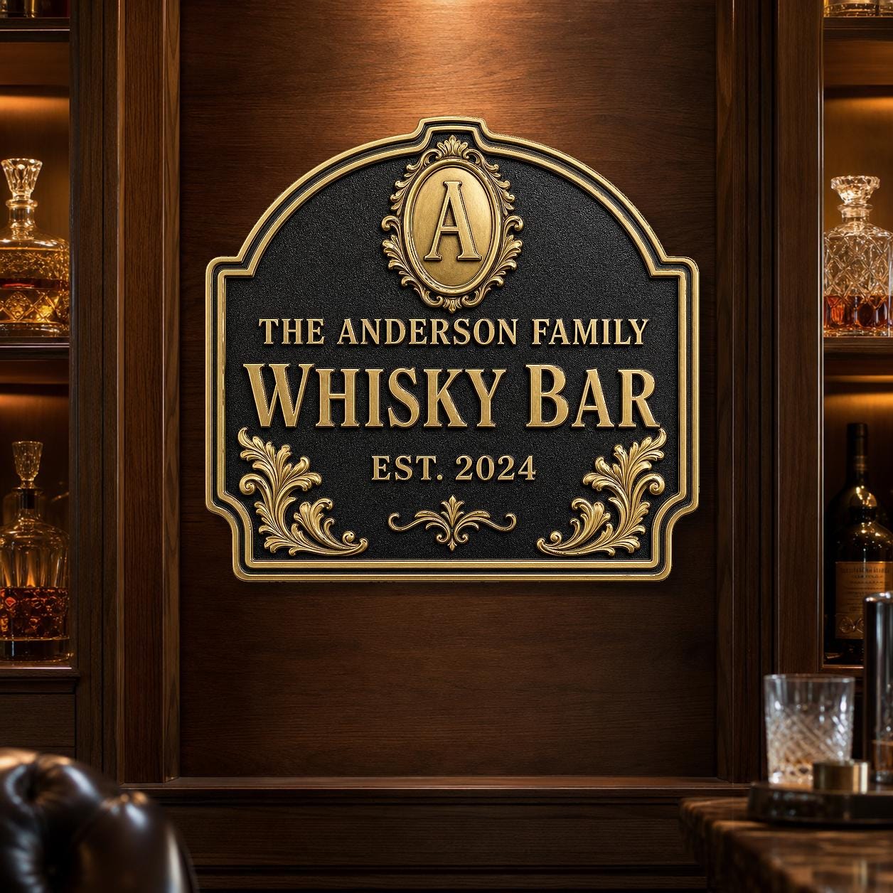 Personalised Home Bar Sign | Antique Brass Whisky Plaque | Custom Wall Decor