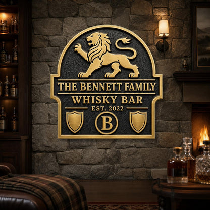 Personalised Lion Family Whisky Bar Sign | Antique Brass Home Bar Plaque | Custom Wall Decor