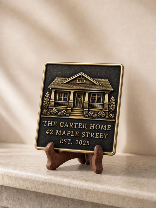 Custom Family Home Portrait Plaque | Personalised Antique Brass Keepsake Gift