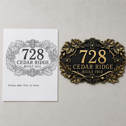 Personalized Antique Brass House Number Plaque | Custom Address Sign | Oak Leaf Family Name Plate