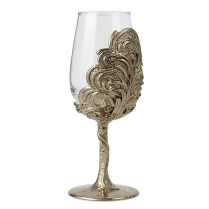 Set of 4 - Intricate Leaf/Ambi Design Wine Glasses | Decorative Drinkware | Statement Barware | Silver, Gold or Antique Finish