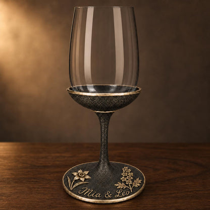 Personalised Birth Flower Wine Glass | Daffodil & Larkspur Antique Brass Base | Custom Couple Glasses