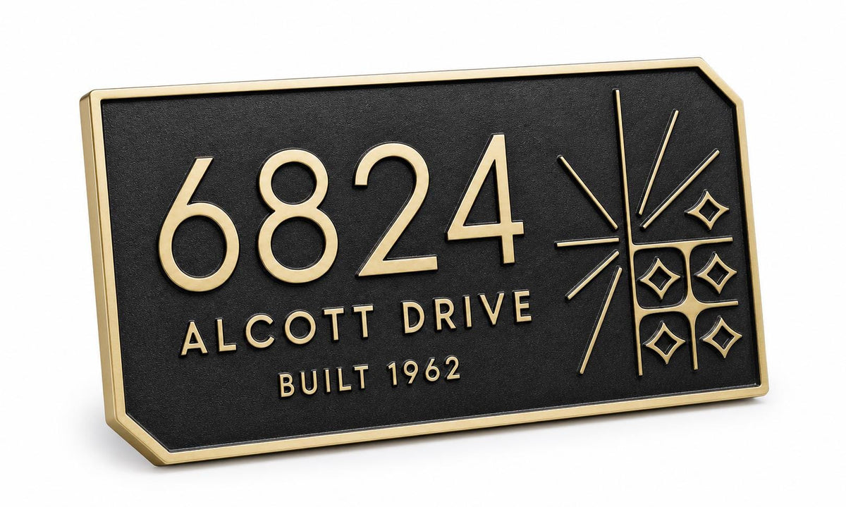 Personalised Mid Century Modern Address Plaque | Custom Metal House Number | Antique Brass Wall Name Plate