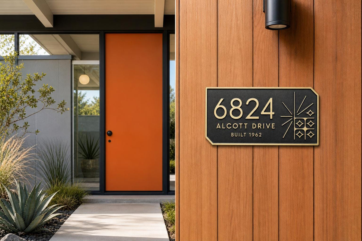 Personalised Mid Century Modern Address Plaque | Custom Metal House Number | Antique Brass Wall Name Plate