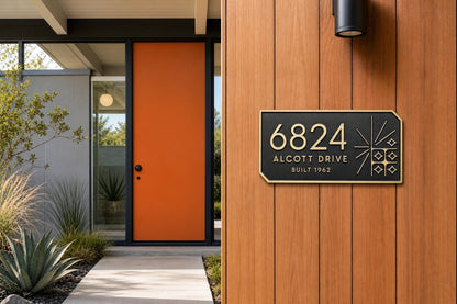 Personalised Mid Century Modern Address Plaque | Custom Metal House Number | Antique Brass Wall Name Plate