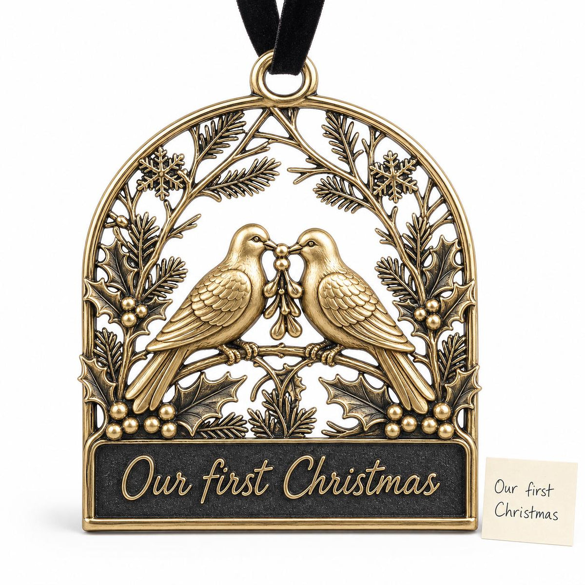 Large Personalized First Christmas Ornament | Couple Keepsake | Brass Dove Charm | Holiday Decor