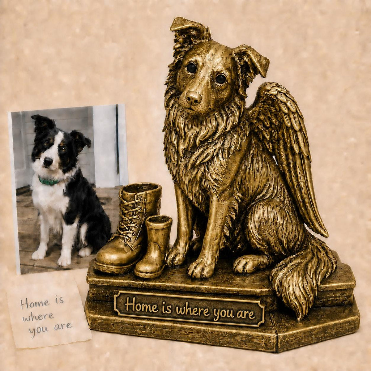 Personalised Dog Memorial Figurine | Angel Wings Pet Remembrance | Antique Brass Statue
