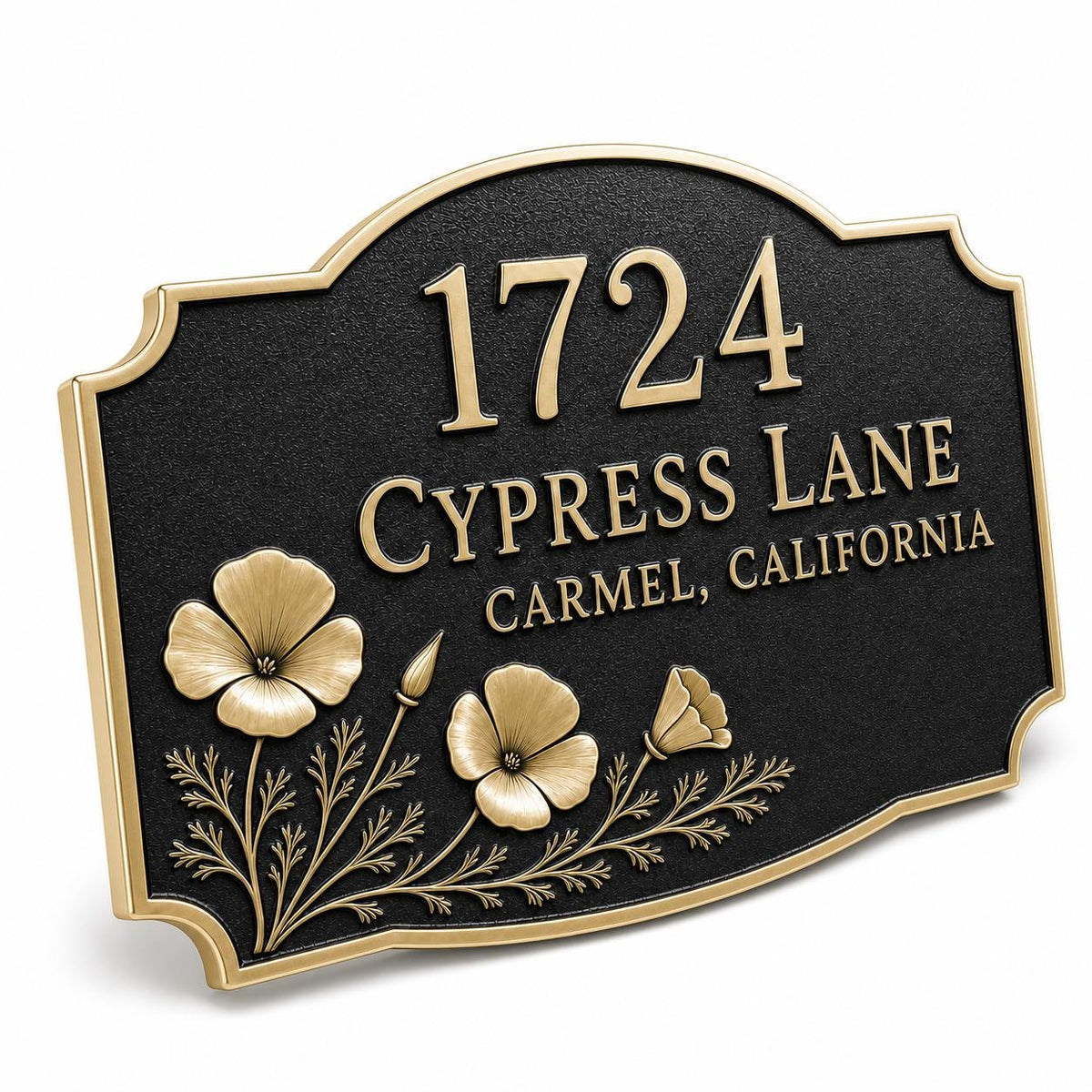 Poppy address plaque reading 1724 Cypress Lane, Carmel, California, at an angle