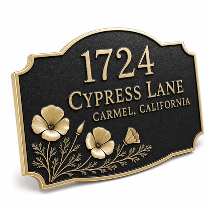 Poppy address plaque reading 1724 Cypress Lane, Carmel, California, at an angle