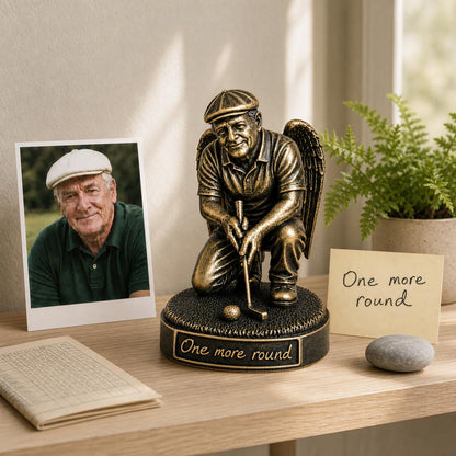 Personalised Golf Memorial Figurine from Photo, Antique Brass Angel Statue, Dad Remembrance Gift