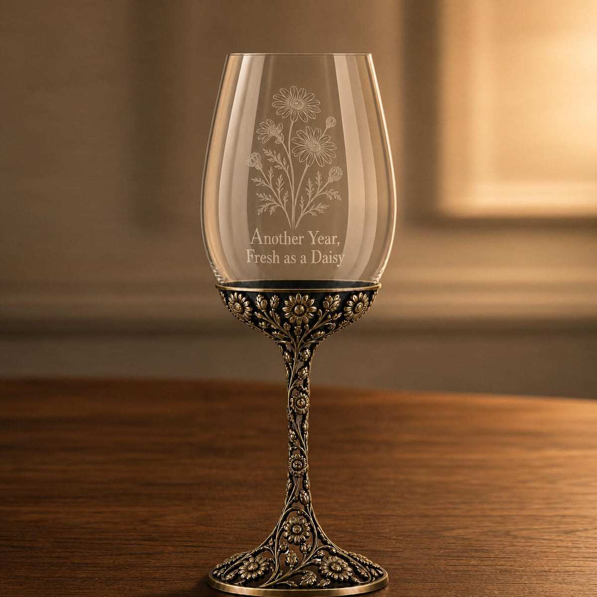 April Daisy Wine Glass, Personalised Birth Flower, Openwork Brass Stem, Custom Etched Gift