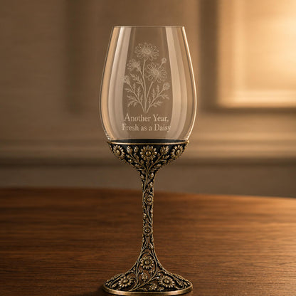 April Daisy Wine Glass, Personalised Birth Flower, Openwork Brass Stem, Custom Etched Gift