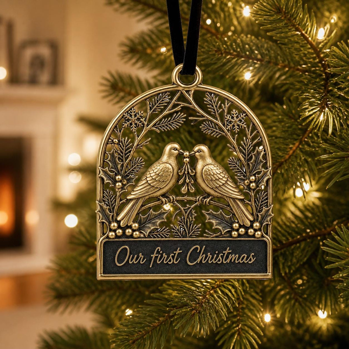 Large Personalized First Christmas Ornament | Couple Keepsake | Brass Dove Charm | Holiday Decor