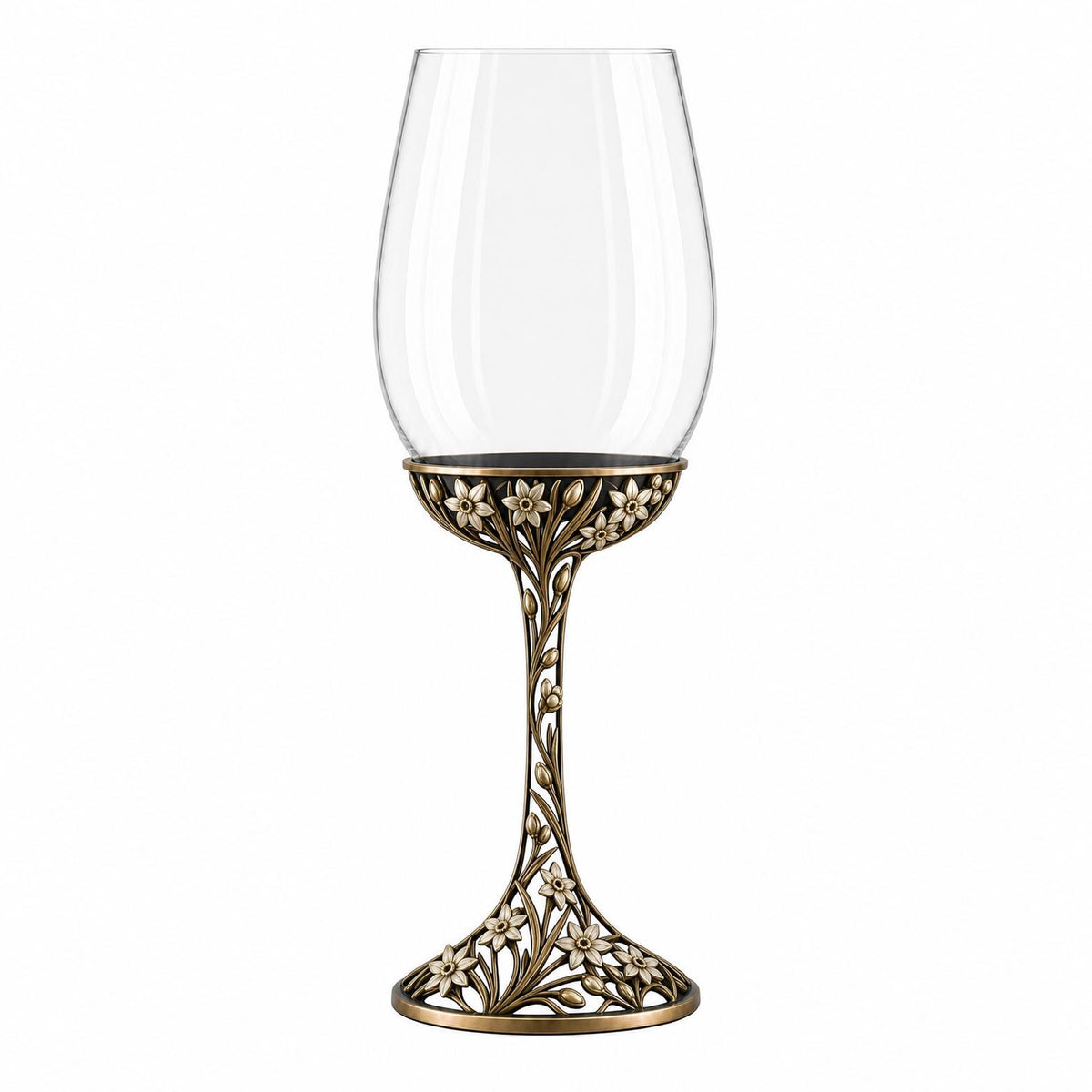 December Narcissus Wine Glass, Personalised Birth Flower, Openwork Brass Stem, Custom Etched Gift