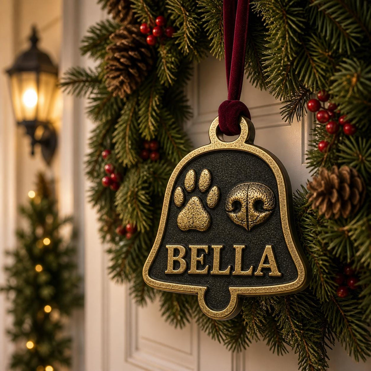 Bell pet ornament with BELLA hanging on a wreath by a front door and lantern