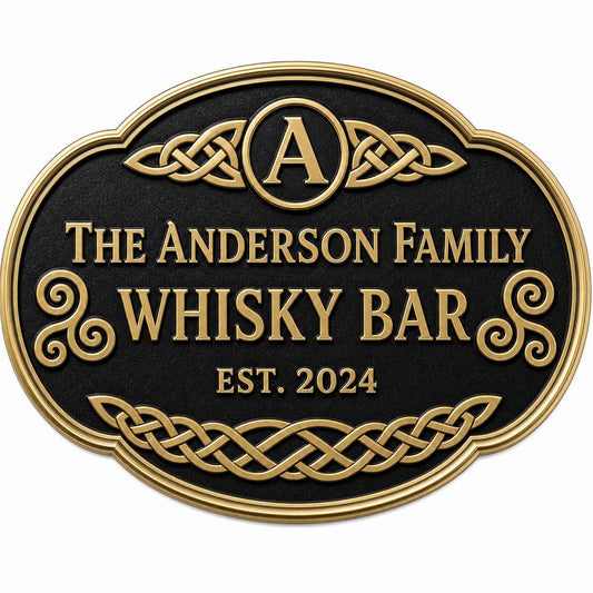 Personalised Celtic Whisky Bar Sign | Antique Brass Oval Family Bar Plaque | Custom Irish Home Bar Wall Sign