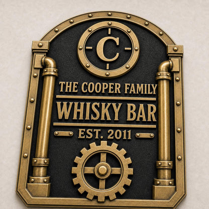 Personalised Industrial Whisky Bar Sign | Antique Brass Steampunk Bar Plaque | Custom Family Wall Decor