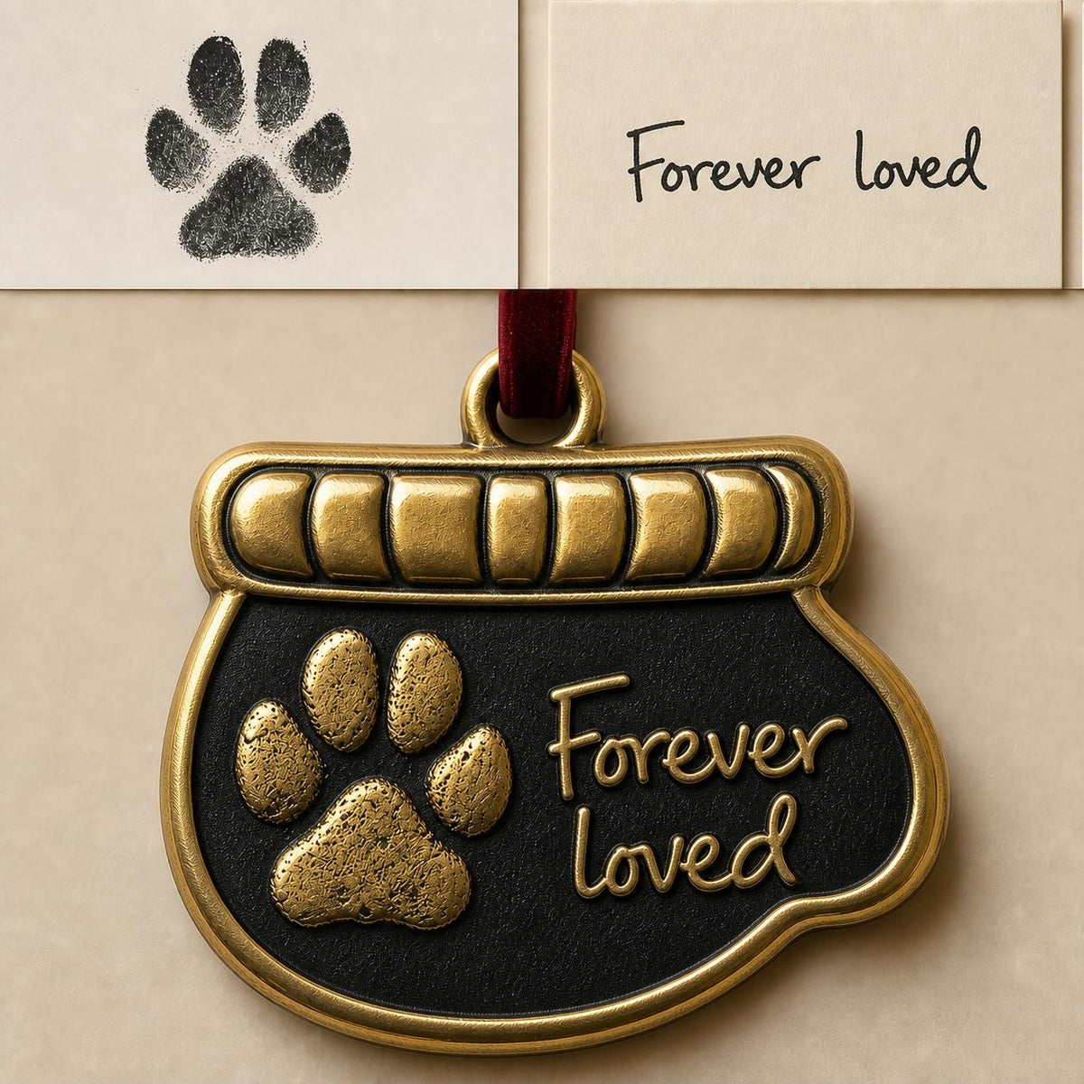 Antique brass bowl-shaped pet ornament with a raised paw print and Forever loved, below the paw and note cards