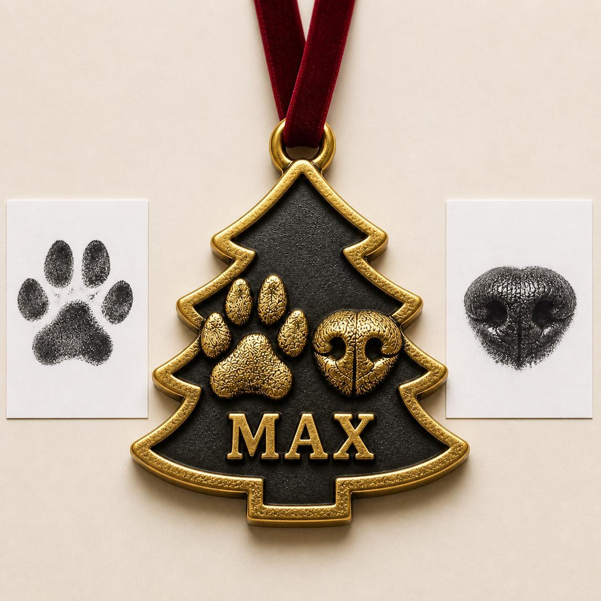 Antique brass tree-shaped pet ornament with a raised paw print, nose print and MAX, beside the ink print cards