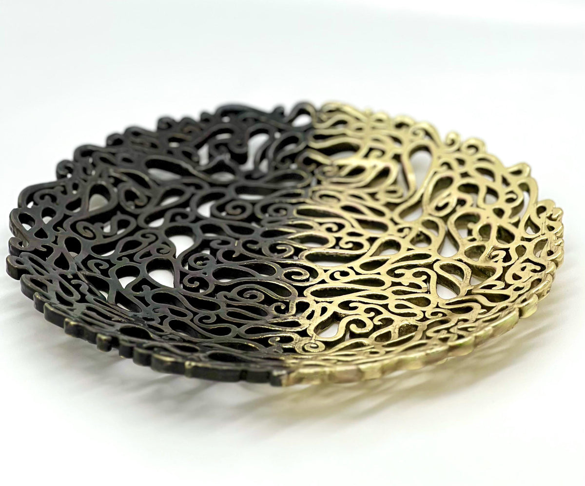 Angled view of the shallow openwork filigree tray