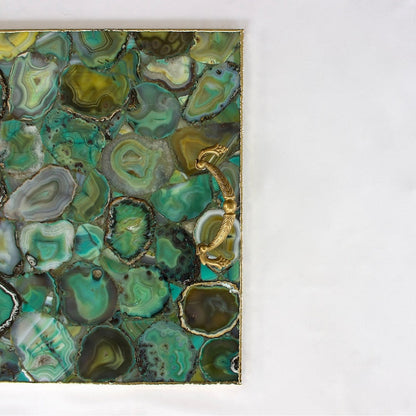 Light Green Agate Serving Tray With Brass Handles | Square
