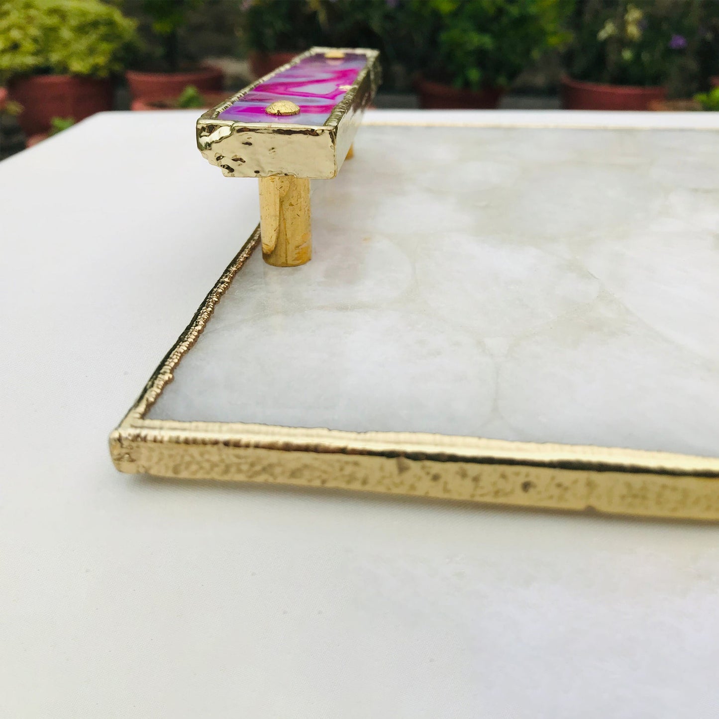 White Crystal Agate Plated Serving Tray With Pink Agate/Onyx Handles/Personalised Momentos/Sign Boards