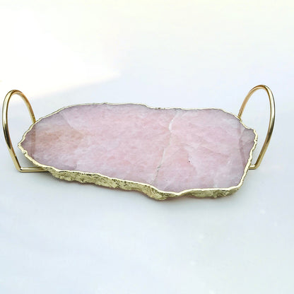 Rose Quartz Agate Serving Tray With Brass Loop Handles