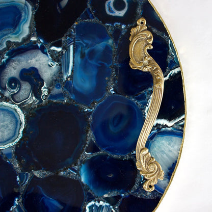 Blue Agate Serving Tray With Brass Handles | Circular